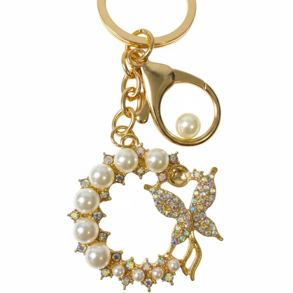 Faux Pearl & Rhinestone Butterfly Keychain, NIP